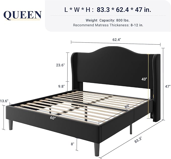 Allewie Queen Size Bed Frame, Upholstered Wingback Platform with 47" Tall Tufted Headboard, Plush Velvet Fabric, Modern Minimalist Design, No Box Spring Required, Tool-Free Assembly, Black