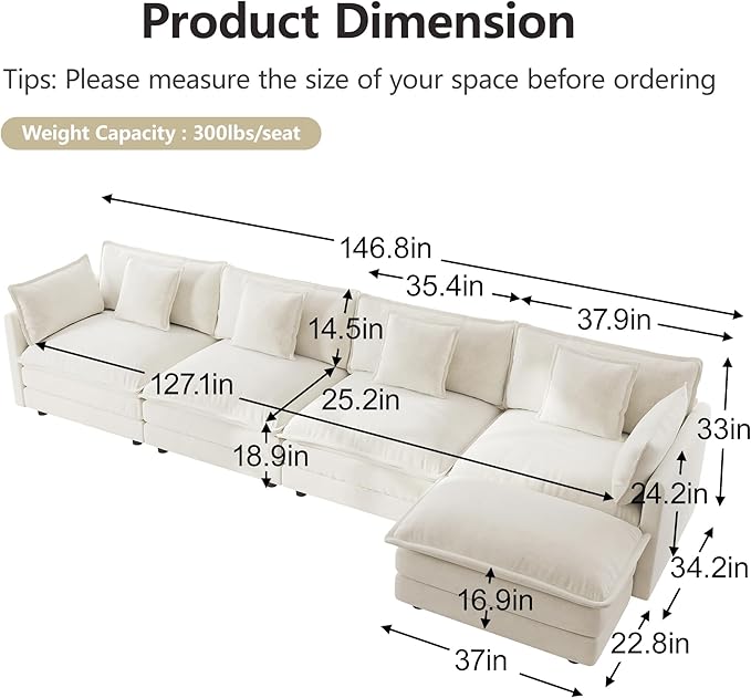mikibama Modular Sectional Sofa, 146.5 Inch L Shaped Couch Set for Living Room, 4-Seater Comfy Cloud Couches with Movable Ottoman, DIY Combination, Chenille, Beige
