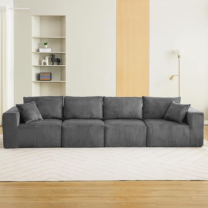 Sectional Cloud Boneless Couch 137" Modern Comfy Linear Straight No Assembly Required Convertible Compression Sleeper Modular Sofa with Corduroy Fabric 4 Deep Seat Single for Living Room