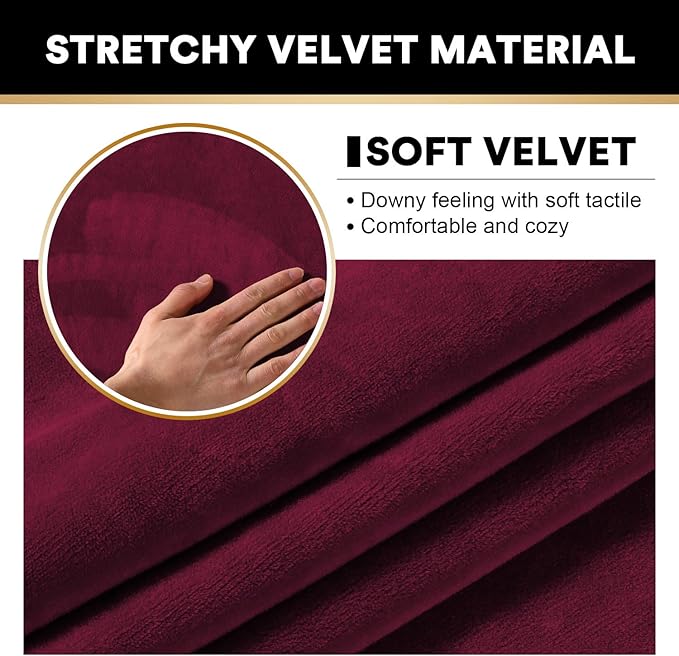 PrinceDeco Velvet Couch Cover Loveseat Covers for 2 Cushion Couch 3 Piece Sofa Covers for Dogs Washable Loveseat Covers Width Up to 72 Inch No Slip Stretch Sofa Slipcover(Medium, Burgundy)