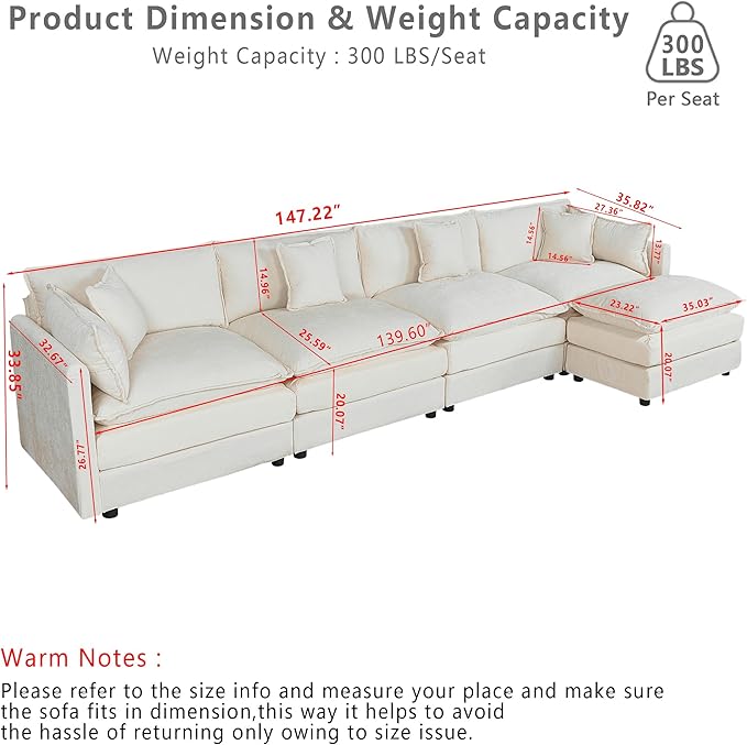Setawix Deep 4 Seater Couch with Ottoman,147.22" L-Shaped Cloud Couches for Living Room,Chenille Cloud Sofa Couch with Deep Seat,Modular Sectional L Shape 4 Seat Sofa for Bedroom (Beige, 4+1)