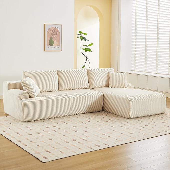 Sectional Cloud Boneless Couch 106" Modern Comfy L-Shape Corner No Assembly Required Convertible Compression Sleeper Modular Sofa with Corduroy Fabric Deep Seat Loveseat + Chaise for Living Room