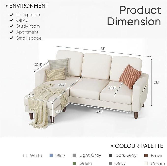YESHOMY L-Shaped Sofa Couch, Small Couch with Reversible Chaise and Ottoman, Convertible Sectional Comfy 3 Seat Sofas with Side Pockets for Apartment and Living Room (Beige)