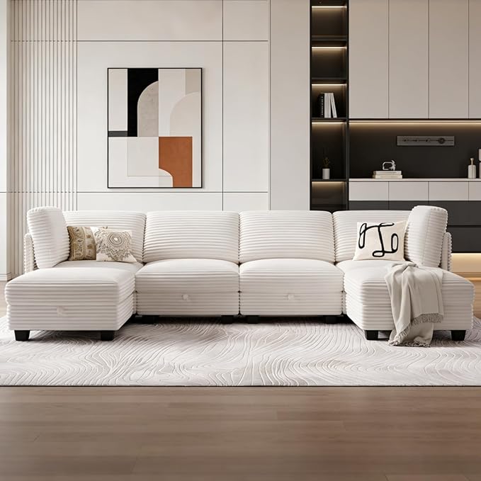 Modular Sectional Sofa with Adjustable Backrest, Convertible L/U-Shaped Sleeper Couch for Living Room, Cloud Sofa Bed Modern Reversible Design, Beige