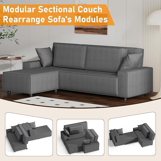 GAOMON Fine Stripe Corduroy Sectional Sofa, l Shaped Modern Corduroy Couch, Comfy Sofa Couch with Deep Chaise for Living Room, Apartment, Hotel, 96" w*61" d*32" h, Dark Grey