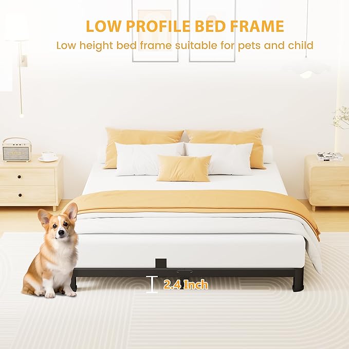 Superay 4 Inch Queen Bed Frame Low Profile, Heavy Duty Metal Platform Bed Frame with Round Corner Legs, Sturdy Mattress Foundation, No Box Spring Needed, Easy Assembly, Noise Free, Black