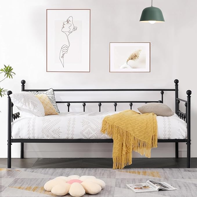 VECELO Daybed Frame, Twin Size Metal Platform Bed with Headboard,Heavy Duty Steel Slats Support for Living Room Bedroom Guest Room, Easy Assembly