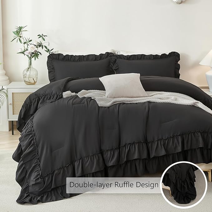 ANGIYUIN Black Queen Size Ruffle Bedding Set 5 Pieces Lightweight Double Ruffled Bed in A Bag Solid Farmhouse Comforter Sets Soft Microfiber Bed Set for Women Men(Black Queen)