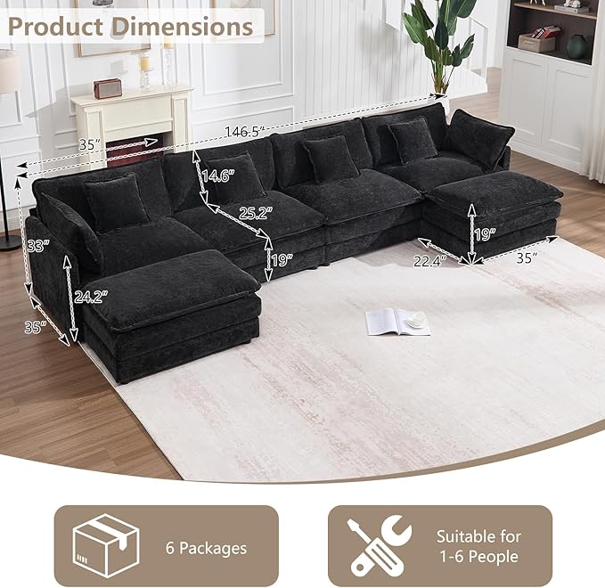 147" Modular Sectional Sofa, Oversized U Shaped Sectionals Cloud Couch, Big Comfy Couch with 2 Ottomans, 6 Seater Chenille Sectional Sofa with Deep Seat and 6 Pillows for Living Room- Black