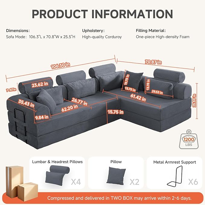 Boneless Sectional for Small Spaces, 106” L Shaped Couch from Two 70.87” Modules, Reconfigures to 141.7” Straight Sofa, Corduroy Compressed Couch in a Box with Headrest Back Pillows, Dark Grey