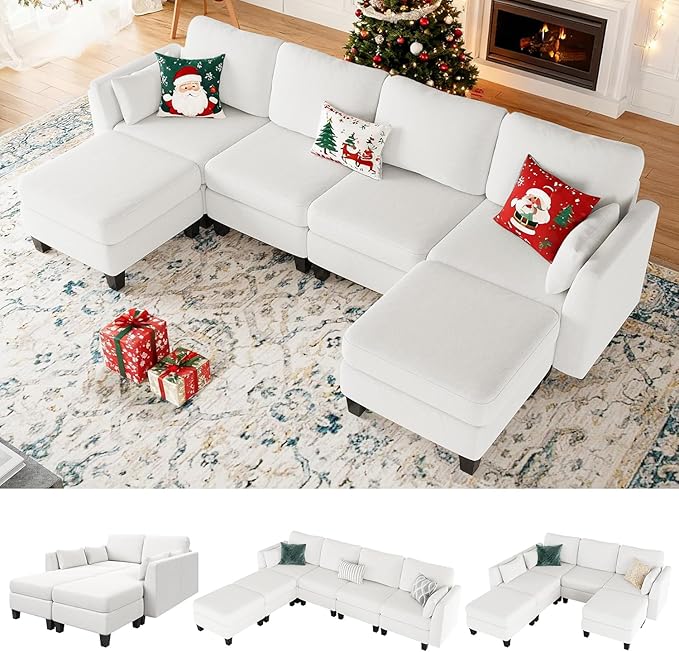 Modular Sectional Sofa, 6 Seaters Modular Sleeper Sofa Couch, Comfy Sectionals Couches Bed, Convertible Sofas with Ottomans, Sectional Couches for Living Room, White