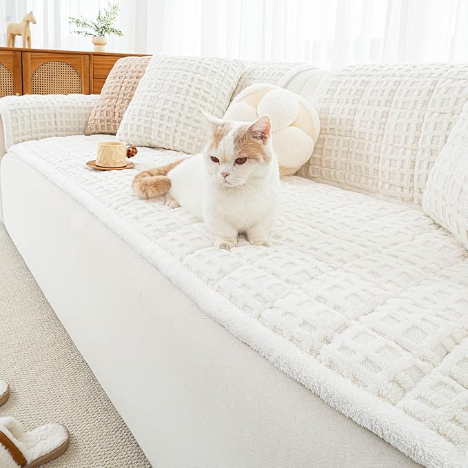 Dog Couch Cover, Couch Cover for Dogs Washable, Funny Fuzzy Plush Sofa Covers, Non Slip Dog Covers for Couches and Sofas, Sofa Pad Furniture Protector for L Shaped(Beige White, 27.6"x 59")