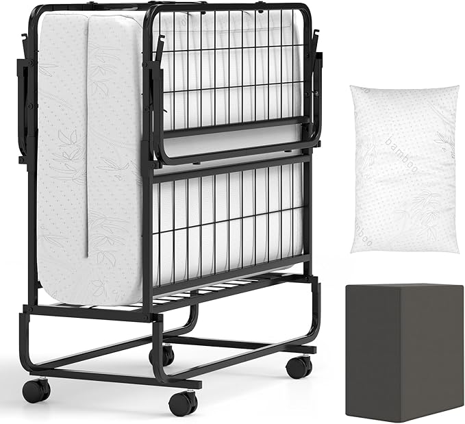 Giantex Twin Folding Bed with 5 Inch Mattress, Rollaway Guest Bed with Top Pillow, Storage Pocket & Metal Frame, Space-Saving Fold up Beds, Portable Roll Away Beds for Adults, 75" x 39"