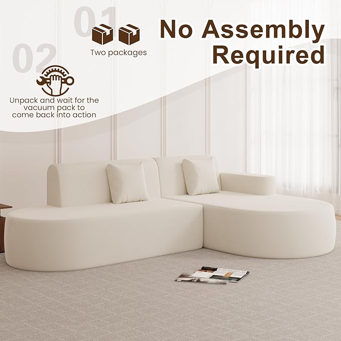 MELLCOM Modern Curved Boneless Sofa Couch, L-Shaped Corner Sofa, No Assembly Needed, Chenille Upholstered Cloud Sectional Couch for Living Room,Apartment and Bedroom (Beige, Right Hand Facing)