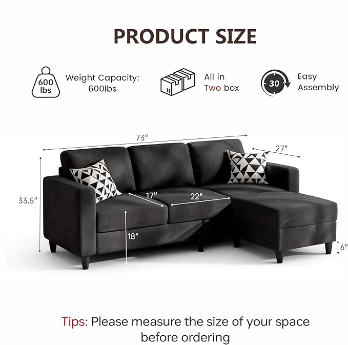 73" Sectional Sofa Couch for Living Room, Black Convertible L Shaped Sofa with Reversible Ottoman, 8" Extra Thick High-Density Cushions, Modern Velvet Fabric 3 Seater Sofa for Small Space