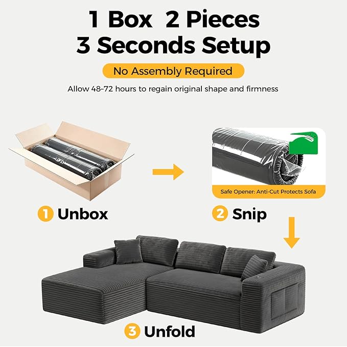 108” Cloud Sectional Couch in One Box, Compressed Modular Sectional Sofa with Deep Seat, Corduroy Boneless Couches, L-Shaped Sofa for Living Room, 4 Storage Pockets(Left Facing Chaise, Grey)