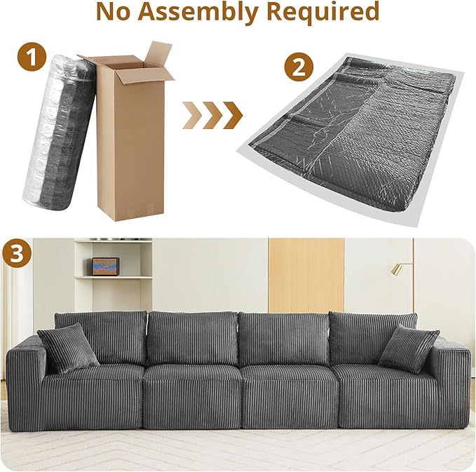 Sectional Cloud Boneless Couch 137" Modern Comfy Linear Straight No Assembly Required Convertible Compression Sleeper Modular Sofa with Corduroy Fabric 4 Deep Seat Single for Living Room