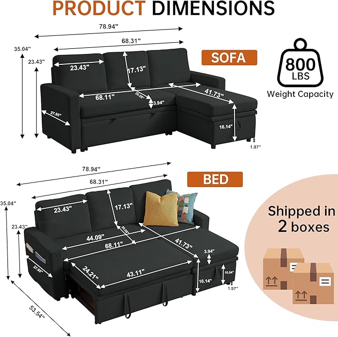 79" Sleeper Sofa Bed, Convertible Sofa Pull Out Couch with Storage | Reversible Chaise | L Shaped | Layered Storage | 3-Seater Comfy Sectional Couch Pullout Bed for Living Room, Black