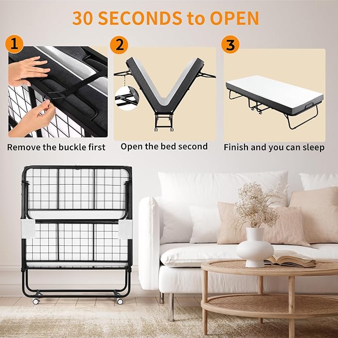 MAMIZO Foldable Bed,Portable Bed,Folding Bed with Mattress,75" x 38" Twin Size Rollaway Bed with Mattress for Adults,Metal Frame with Memory Foam Mattress,for Bedroom,Office,Camp,No Assembly Required