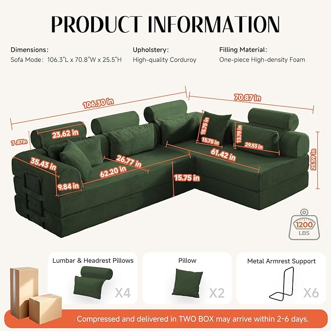106" L-Shaped Modular Boneless Couch, 2-Piece System (2×70.87"), Convertible Sectional to 141.7" Straight Sofa, Corduroy Couch in a Box, Headrest & Back Pillows for Living Room, Forest Green