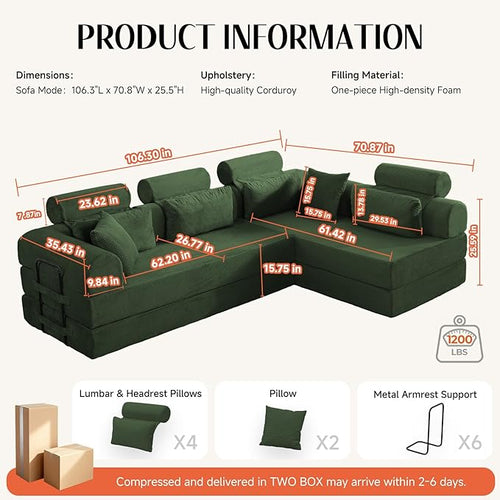 106" L-Shaped Modular Boneless Couch, 2-Piece System (2×70.87"), Convertible Sectional to 141.7" Straight Sofa, Corduroy Couch in a Box, Headrest & Back Pillows for Living Room, Forest Green