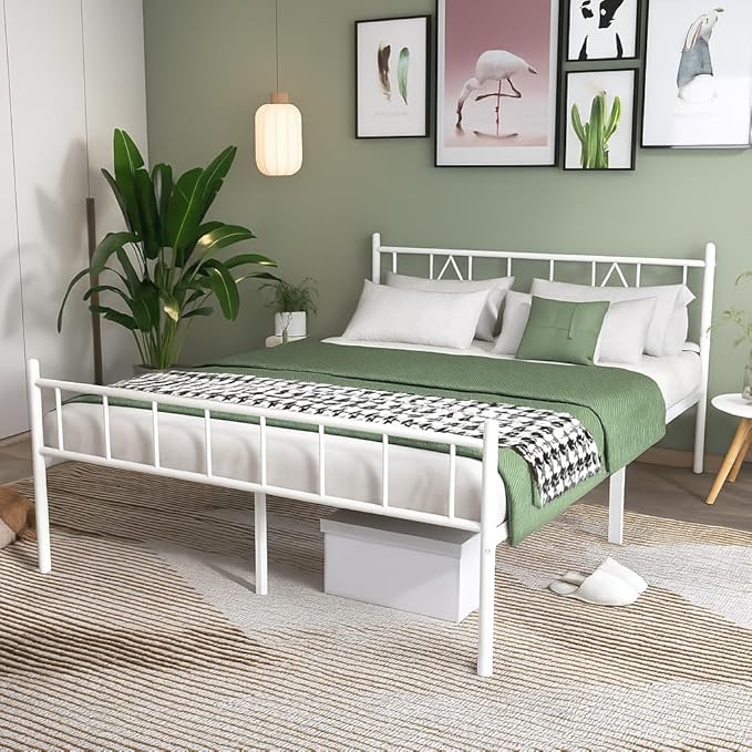 Decorwise 14 Inch Queen Size Bed Frames with Headboard/Footboard, Under Bed Storage, Strong Metal Slats Support, No Box Spring Needed, Noise Free, Easy Assembly, White