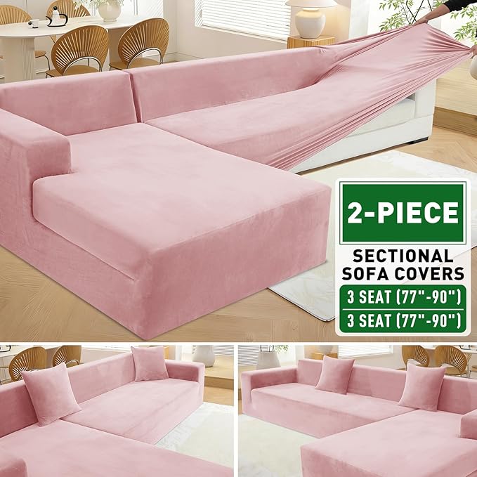 ZNSAYOTX 2026 Soft Velvet Sectional Couch Covers, Luxury Plush Slipcovers with Elastic Bottom for L Shape Sectional Sofa, 2 Pcs Pet Friendly Protector (3 Seat Couch + 3 Seat Chaise, Rose)