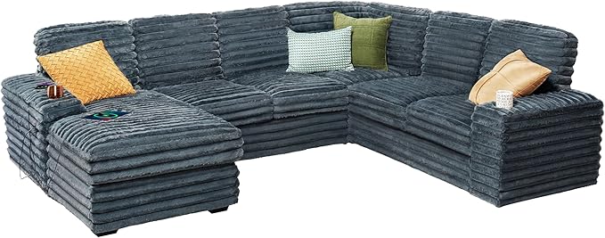 PaPaJet 112 Inch Oversized Couch, U Shaped Sofa with Storage Chaise, Sectional Sofa with Type-C & USB Ports, Faux Fur Dark Grey