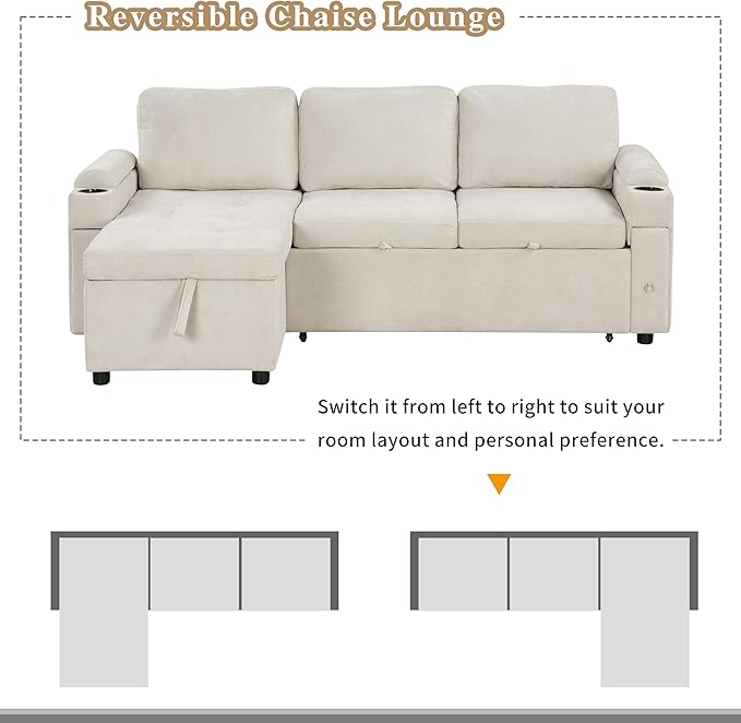 Harper & Bright Designs 83.5" L-Shaped Sofa Couch Convertible Sofa Bed Sectional Sofa with Ample Storage Space, Two Cup Holders and Two USB Ports for Living Room, Beige