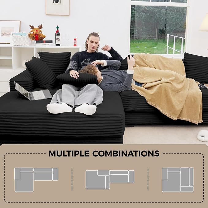 111'' Modular Sectional Cloud Couches with Chaise, L Shaped Extra Large Sleeper Couch Reversible Fluffy Corduroy with 8pcs Pillows for Living Room(Black Left Facing Chaise)