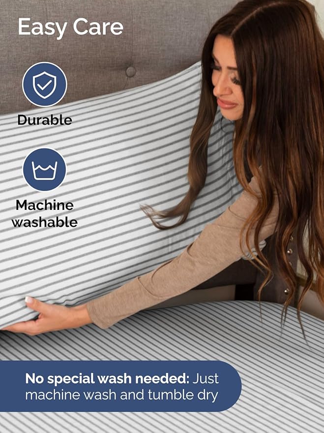 Extra Deep Cal King Sheet Set - 6 Piece Breathable and Cooling Sheets - Hotel Luxury Bedding for Women, Men, Kids & Teens - Easy Secure Fit - Soft & Wrinkle Free - Extra Deep Pockets - Grey Stripes