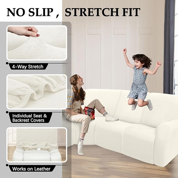 Waterproof Reclining Sectional Couch Covers Washable L Shaped Couch Cover for Sectionals Recliner Sofa Covers Stretch Corner Recliner Slipcovers for Dogs (5 Seater Cover, Cream)
