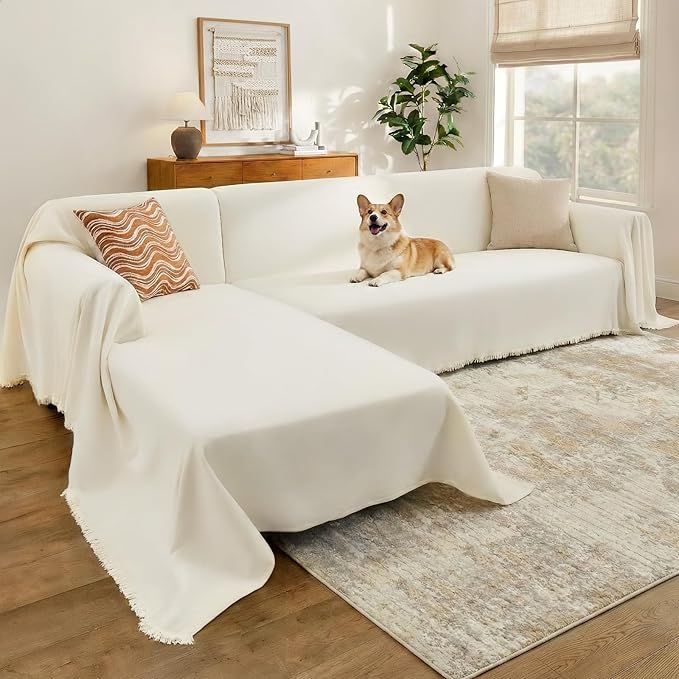 Sectional Couch Covers, 2 Pieces Chenille Sofa Cover L Shaped Couch Cover Blanket for Dogs Washable Sofa Slipcovers Pet Furniture Protector (XXX-Large: 71" x 118" + 91" x 134", Beige)