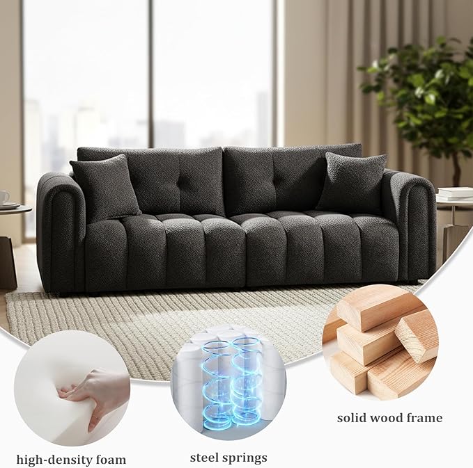 91.5" W Cloud Boucle Sofa for Living Room, Modern Comfy Boucle Couch with Rolled Arms and Soft Pillows, Teddy Oversized Loveseat for Apartment, Studio, Bedroom, Dark Grey