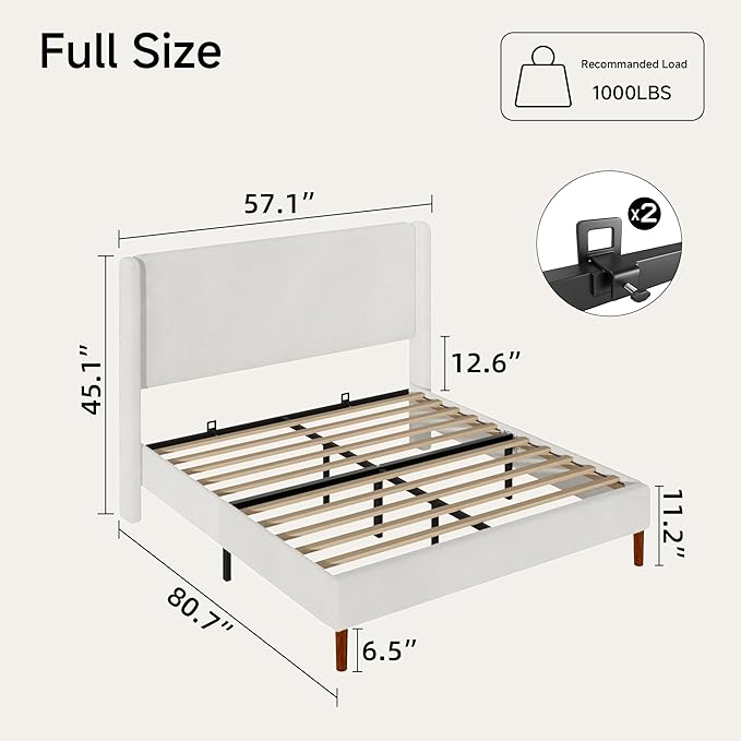 Full Boucle Bed Frame, Platform Bed with Upholstered Wingback Headboard, Strong Wooden Slats Support, Noise-Free, No Box Spring Needed, Easy Assembly, White