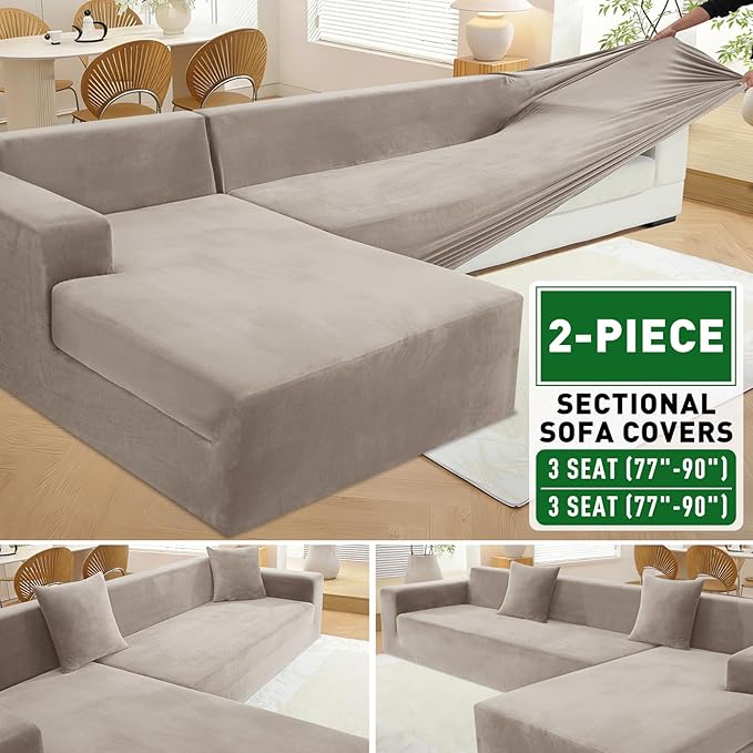 ZNSAYOTX 2026 Soft Velvet Sectional Couch Covers, Luxury Plush Slipcovers with Elastic Bottom for L Shape Sectional Sofa, 2 Pcs Pet Friendly Protector (3 Seat Couch + 3 Seat Chaise, Khaki)