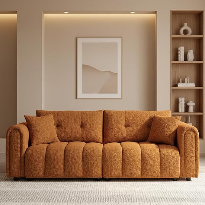 91.5" W Cloud Boucle Sofa for Living Room, Modern Comfy Boucle Couch with Rolled Arms and Soft Pillows, Teddy Oversized Loveseat for Apartment, Studio, Bedroom, Orange