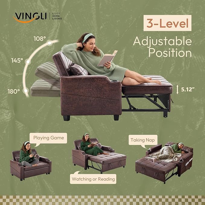 VINGLI Rustic Futon Sofa Bed Convertible Loveseat Sleeper Sofa Couch, Pullout Sofa Fold Out Couch Bed with USB Ports, Cup Holders, Armrest for Living Room, Bedroom Apartment Room | Loveseat Sleeper
