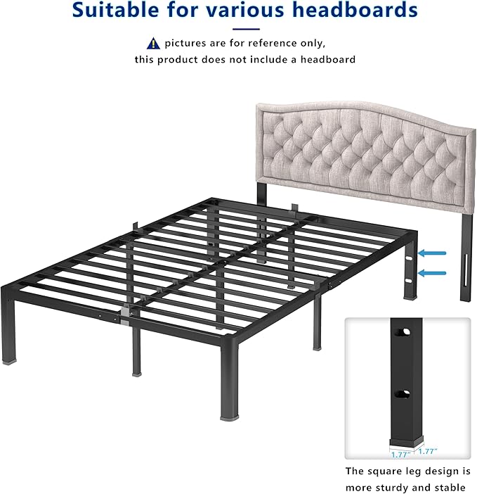 yookare 14 Inch Queen Metal Platform Bed Frame with Round Corner and Mattress Retainers, 3500lbs Heavy Duty Steel Slats Support, No Box Spring Needed, Easy Assembly, Noise Free