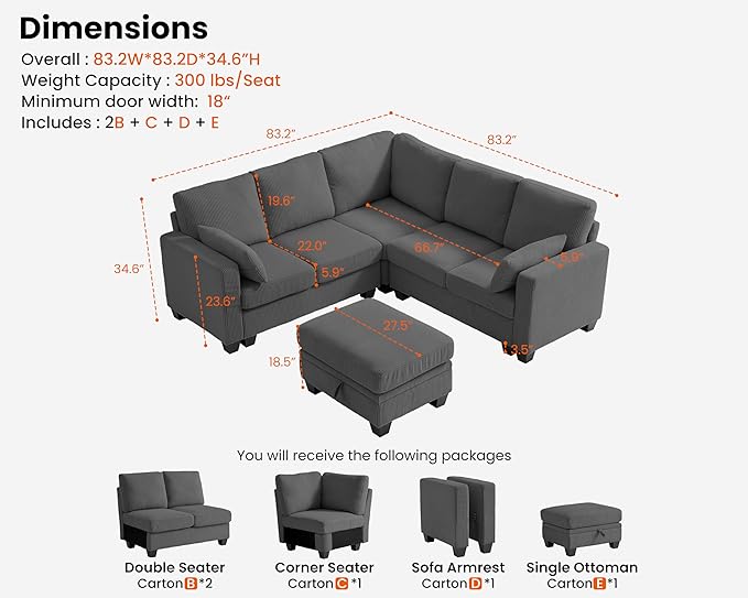 CHIC HOUSE Modular Corner Sectional Sofa with Storage Ottoman, Corduroy L-Shaped Couch, Compact Small Space Furniture for Living Room & Apartment, (Dark Grey, 6 Seater L-Shaped)