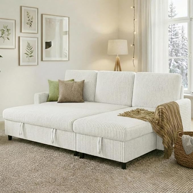 JAMFLY Pull Out Sleeper Sectional Sofa, L Shaped Corduroy Couch with Hidden Storage, Convertible Sofa Bed for Small Living Rooms and Apartments, White