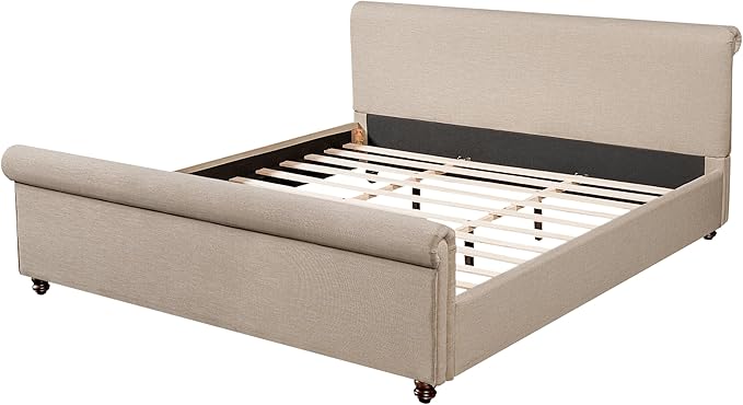 Christopher Knight Home Chenzi Linen Upholstered King Bed Frame and Headboard with Footboard, Wooden Platform King Size Bed Frame and Double-Layer Oval Legs, No Box Spring Needed, Sand Brown