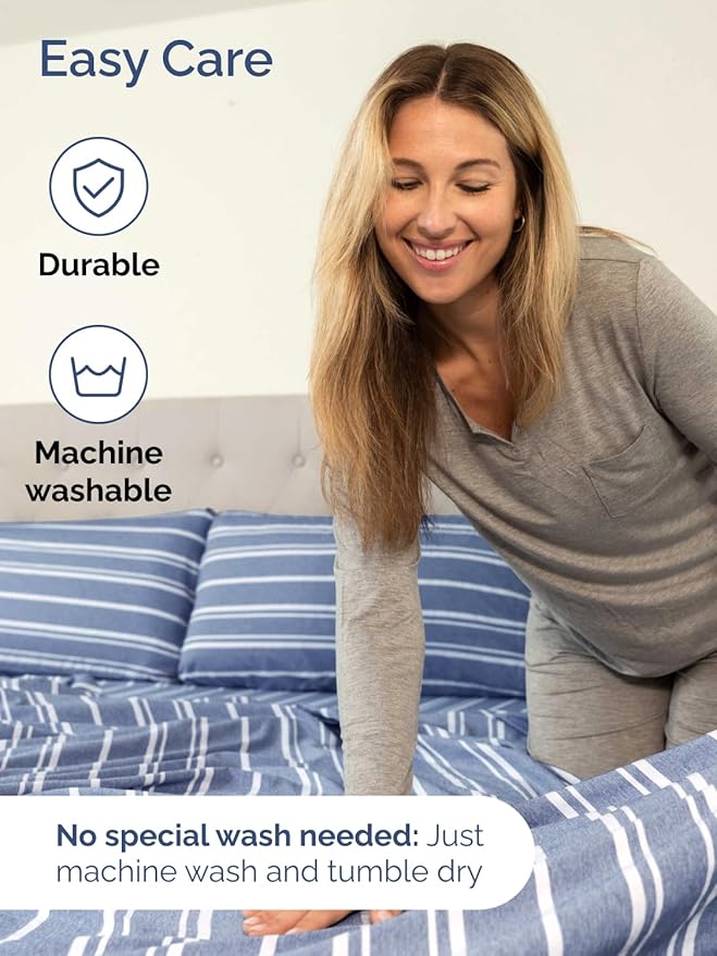 Extra Deep Queen Sheet Set - 6 Piece Breathable and Cooling Sheets - Hotel Luxury Bedding for Women, Men, Kids & Teens - Easy Secure Fit - Soft and Wrinkle Free with Extra Deep Pockets - Blue Stripes