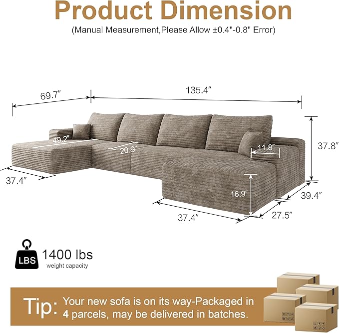 136" Sectional Couches for Living Room Cloud Couch Sofa with L-Shape Upholstered Boneless Couchs Modern Modular Sectional Couch with Chaise (Camel, 136" Left Facing Chaise+3Seaters+Ottoman)