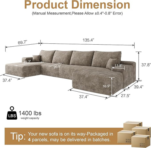 136" Sectional Couches for Living Room Cloud Couch Sofa with L-Shape Upholstered Boneless Couchs Modern Modular Sectional Couch with Chaise (Camel, 136" Left Facing Chaise+3Seaters+Ottoman)