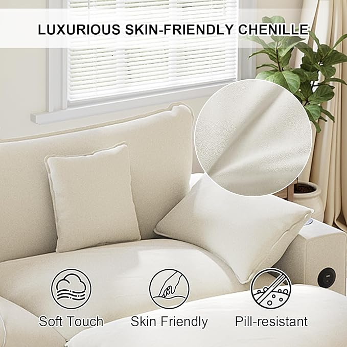 80.7" Modular Sectional Sofa, L Shaped Cloud Couch with Movable Ottoman, Chenille Deep Seat Cloud Sofa with Charging Station, Cup Holder, Side Pocket, Sectional Couches for Living Room, Beige