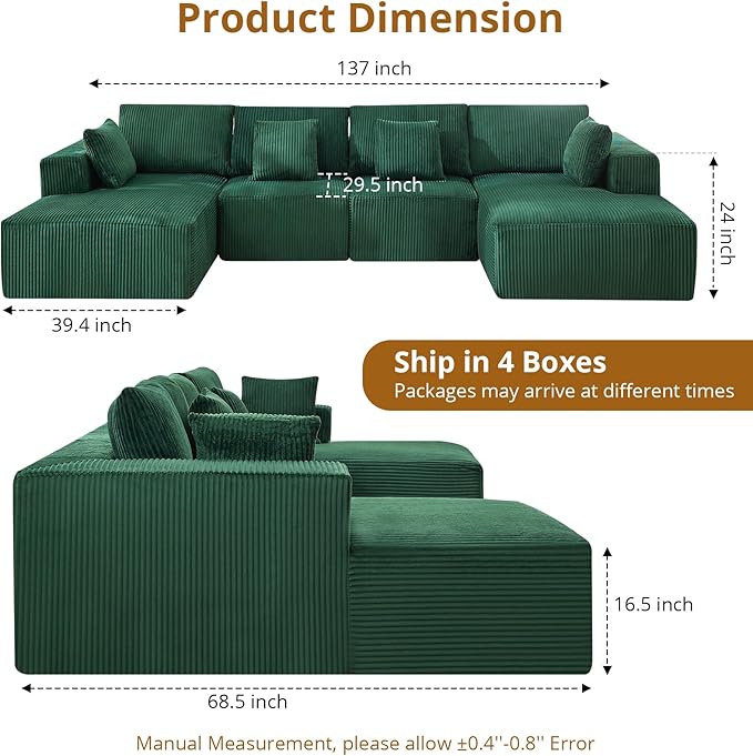 Sectional Cloud Boneless Couch 137" Modern Comfy U-Shaped No Assembly Required Convertible Compression Sleeper Modular Sofa with Corduroy Fabric Deep Seat Single + Chaise for Living Room
