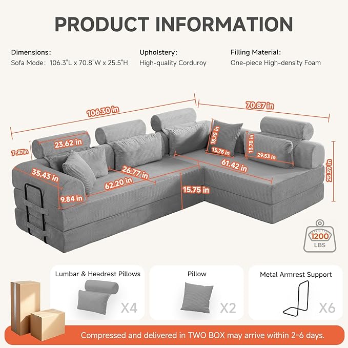 106" L-Shaped Boneless Sectional Couch, 2-Piece 70.87" Modules, Converts to 141.7" Extra-Long Straight Sofa, Corduroy Couch in a Box with Headrest & Back Pillows for Living Room, Light Grey