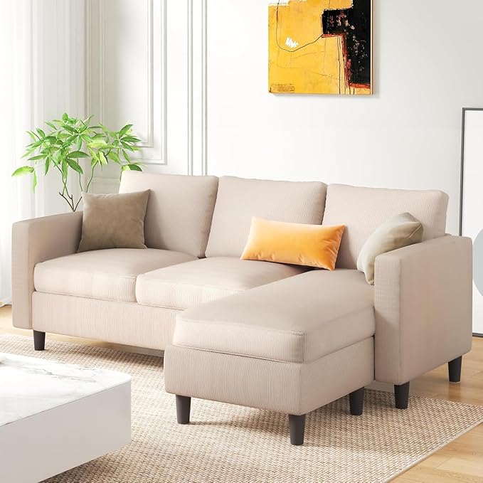 JAMFLY Couches for Living Room, 3-Seat Reversible Sectional Sofa with Convertible Ottoman, Modern Ribbed Fabric L-Shaped Couch for Small Apartment, Studio & Office, Easy Assembly, Beige