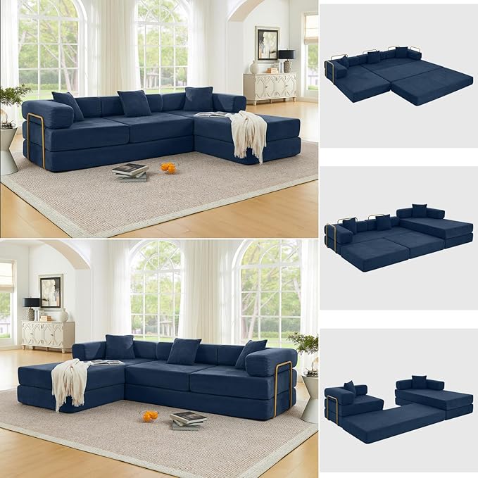 HANXIN 108 Inch Convertible Sleeper Sofa Bed, Folding Floor Mattress Couch with Fixed-Shape Frame, Futon Boneless Couch Lounge Loveseat with Pull Out Bed, No Assembly Required (Blue)